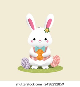 Happy Easter, fun and cute easter bunny clipart with eggs and grass for easter poster, or easter banner decoration