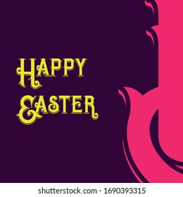 Happy Easter fundo roxo com chamada em amarelo com caligrafia estilizada