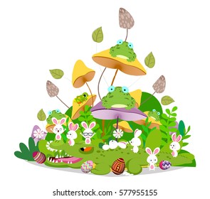 Happy easter funny animals stay together in the mushroom