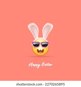 Happy easter funny banner with cartoon 3d smile face with rabbit ears and sunglasses isolated on pink background. Vector 3d square happy eater poster, flyer, banner, label and background