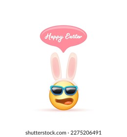 Happy easter funny banner with cartoon 3d smile face with rabbit ears and sunglasses isolated on white background. Vector 3d square happy eater poster, flyer, banner, label and background