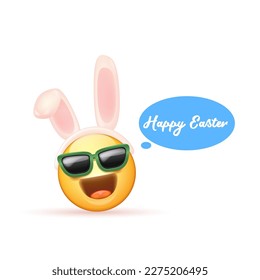 Alegre banner divertido de Pascua con caricatura 3d sonrisa cara con orejas de conejo y gafas de sol aisladas en fondo blanco. Afiche del cenador alegre del vector 3d cuadrado, volante, pancarta, etiqueta y fondo