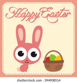 Happy easter! Funny bunny with basket eggs, handwritten text. 