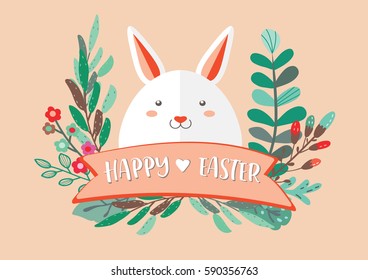 Happy Easter funny bunny in doodle floral wreath