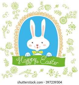 Happy easter. Funny Easter Bunny. Hand drawn floral texture, ornamental flowers. Spring flowers outline. Cartoon Bunny.
