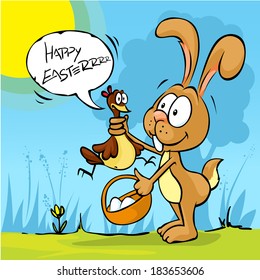 happy easter - funny bunny hold hen - want egg