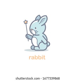  Feliz Pascua. Divertido conejito con una varita mágica. Icono de conejo mate en un fondo blanco.