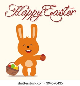 Happy Easter! Funny bunny rabbit with chocolate egg in hand. Greeting card. 