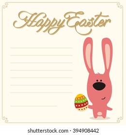 Happy easter! Funny bunny rabbit with chocolate egg in hand, lines for text.