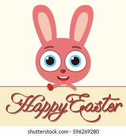 Happy Easter! Funny bunny rabbit with egg in cartoon style.
