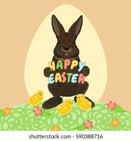 Happy Easter. Funny card with cute rabbit, flowers, egg and chicks. Vector illustration.