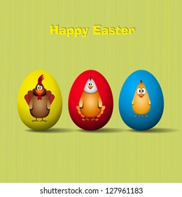 Happy easter - Funny chicken family  with eggs- vector card