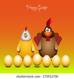 Happy Easter, Funny chicken family, vector card illustration
