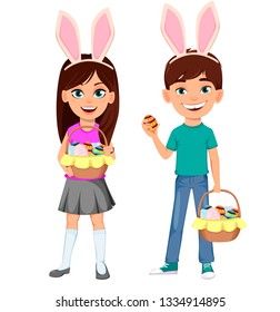 Happy Easter. Funny children cartoon characters wearing bunny ears. Cute boy holding egg and girl holding basket of eggs. Vector illustration isolated on white background