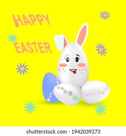 Happy Easter funny cute bunny with Easter eggs on yellow background