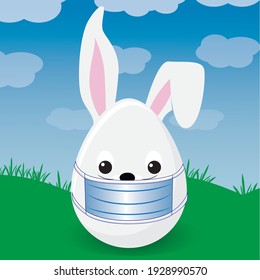 Happy Easter funny egg in mouth masks and bunny face icon. Against coronavirus, COVID-19. Vector illustration.