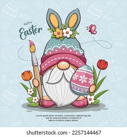 Happy Easter With Funny Gnome Is Painting Egg. Cute Cartoon Illustration