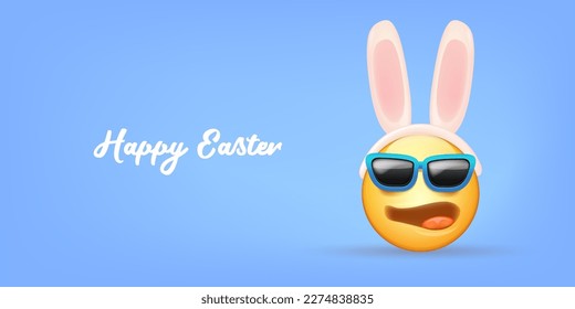 Happy easter funny horizontal banner with cartoon 3d smile face with rabbit ears and sunglasses isolated on blue background. Vector 3d square happy eater poster, flyer, banner, label and background