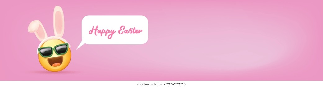 Fröhlicher Osterlustiger horizontaler Banner mit Cartoon 3D Lächeln Gesicht mit Kaninchenähren und Sonnenbrille einzeln auf rosafarbenem Hintergrund. Vektor 3d quadratisches Happy-Eater-Poster, Flyer, Banner, Etikett und Hintergrund