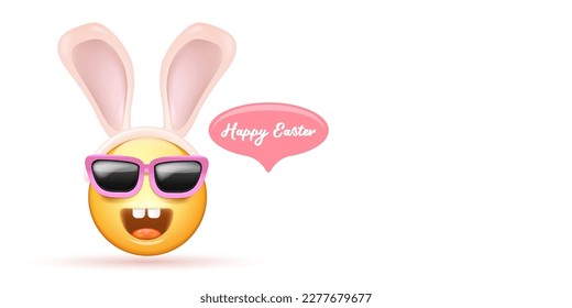 Happy easter funny horizontal banner with cartoon 3d smile face with rabbit ears and sunglasses isolated on white background. Vector 3d square happy eater poster, flyer, banner, label and background