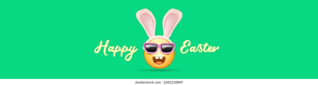 Happy Easter funny horizontal banner with cartoon 3d smile face with rabbit ears and sunglasses isolated on green background. Vector 3d square happy eater poster, flyer, banner, label and background