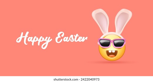 Feliz Pascua divertido banner horizontal con caricatura 3d sonrisa cara con orejas de conejo y gafas de sol aisladas en un fondo rosado. Afiche del cenador alegre del vector 3d cuadrado, volante, pancarta, etiqueta y fondo