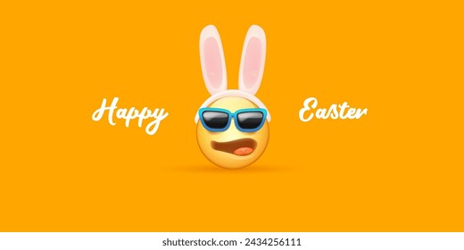 Happy easter funny horizontal banner with cartoon 3d smile face with rabbit ears and sunglasses isolated on yellow background. Vector 3d square happy eater poster, flyer, banner, label and background