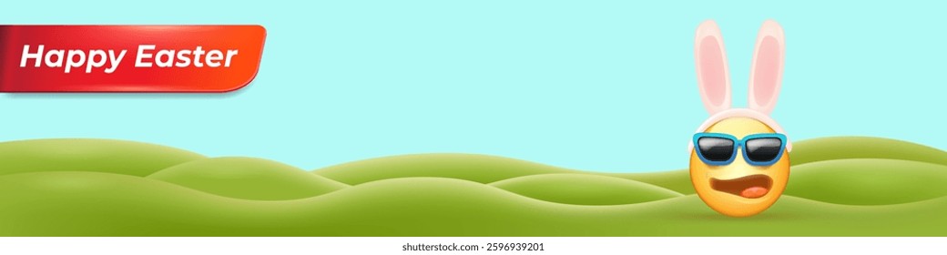 Happy easter funny horizontal banner with cartoon 3d smile face with rabbit ears and sunglasses on green field with blue sky. Vector 3d square happy eater poster, flyer, banner, label and background