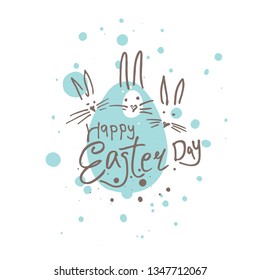 Happy Easter funny illustration. Easter bunnies peeking and the light turquoise blot background. Vector illustration imitating felt pen drawing.