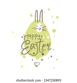Happy Easter funny illustration. Easter bunny on the green blot background. Vector illustration imitating felt pen drawing.