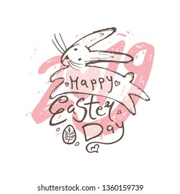 Happy Easter funny illustration. Easter bunny jumping on the background 2019 silhouette muffled pink. Vector illustration imitating pen drawing. 