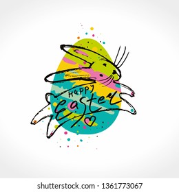 Happy Easter funny illustration. Easter bunny jumping on the background egg silhouette and paint drops. Vector template with gift easter egg and colorful sweet dressing illustration 