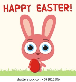 Happy Easter! Funny pink bunny rabbit with egg in cartoon style.