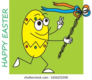 Happy Easter, funny postcard, running egg, vector illustration. Yellow egg with whip on green background.