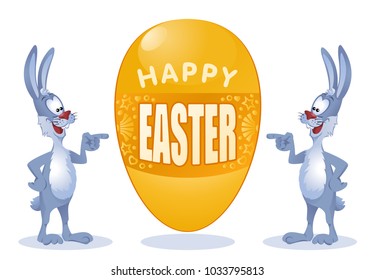 Happy Easter. Funny rabbits with great Easter egg. Cartoon styled vector illustration. On white background. No transparent objects. Elements is grouped.  