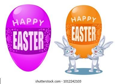 Happy Easter. Funny rabbits holds Easter egg. Vector illustration. On white background. No transparent objects. Elements is grouped.  