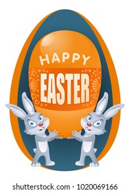 Happy Easter. Funny rabbits holds Easter egg. Cartoon styled vector illustration. No transparent objects. Elements is grouped.  