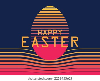Happy Easter futuristic design in 80s style. Easter egg in synthwave and retrowave style. Easter cyberpunk. Design for postcard, greeting card, poster. Vector illustration