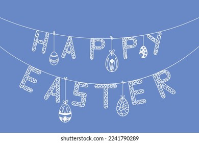 happy easter garland with easter eggs on blue background vector