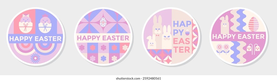 Happy Easter Geometric Abstract stickers set. Easter eggs, bunnies, flowers. Modern Festive vector greeting colorful round stickers with abstract Easter icons.