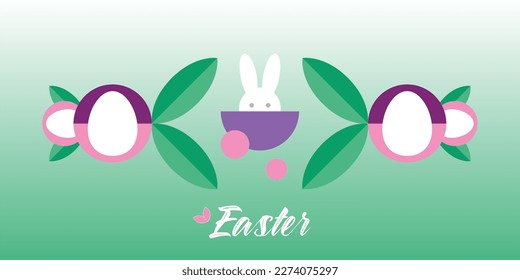 Happy Easter. Geometric abstract style. A vector Easter illustration. Easter eggs, rabbit, leaves