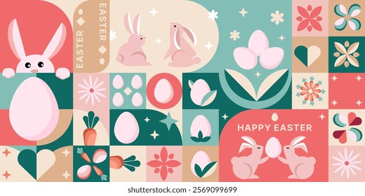 Happy Easter geometric background, banner, packaging, creative design. Modern geometric minimal abstract rabbits, eggs and geometric elements. Easter Holiday mosaic style background,pattern. Vector 