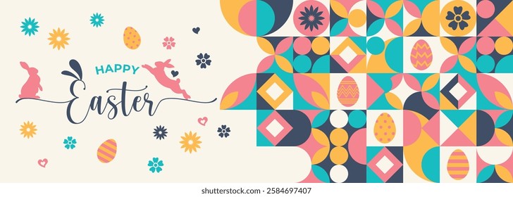 Happy Easter geometric background, banner, packaging, creative design. Modern geometric minimal abstract rabbits, eggs and geometric elements. Easter Holiday mosaic style background,pattern. Vector