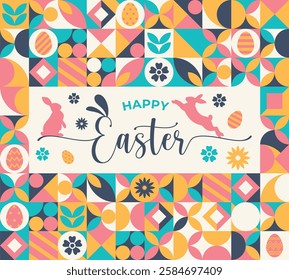 Happy Easter geometric background, banner, packaging, creative design. Modern geometric minimal abstract rabbits, eggs and geometric elements. Easter Holiday mosaic style background,pattern. Vector