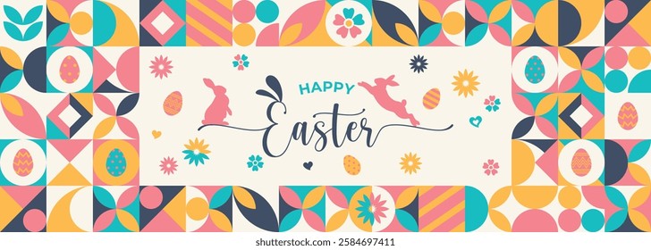 Happy Easter geometric background, banner, packaging, creative design. Modern geometric minimal abstract rabbits, eggs and geometric elements. Easter Holiday mosaic style background,pattern. Vector