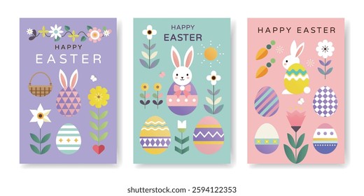 Happy Easter geometric background, Easter card, banner design with bunny, eggs, plants, flowers, chicks.