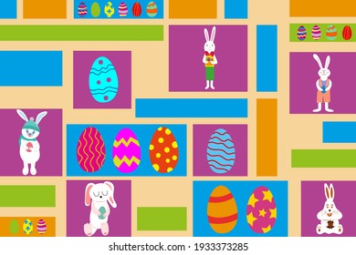 Happy Easter geometric background. Set of Easter eggs and easter bunnies. Perfect design for greeting cards, invitations. Vector flat illustration