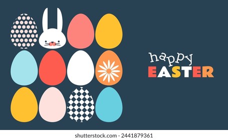 Happy Easter geometric banner, greeting card, background. Easter eggs and bunny in modern minimalist art style. Vector flat illustration