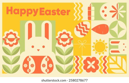 Happy Easter Geometric Bauhus background, Modern Easter Bunny and Egg Pastel color Banner design. Vector illustration Cute Bunny in trendy Geometric style. Easter eggs, rabbit for a poster, postcard