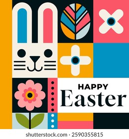 Happy Easter Geometric Bunny and Egg Design. A festive design celebrating the holiday with bright and bold elements.